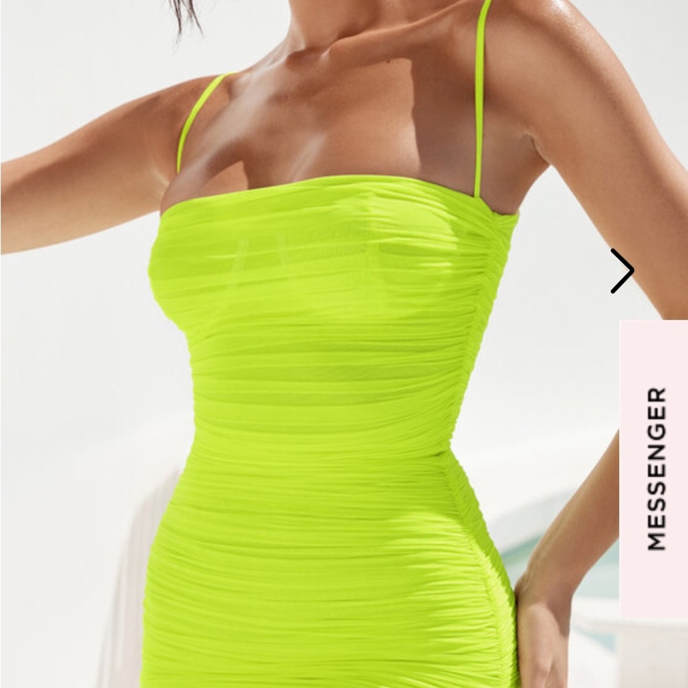 House of cb NEON GREEN RUCHED ORGANZA MESH MINI DRESS